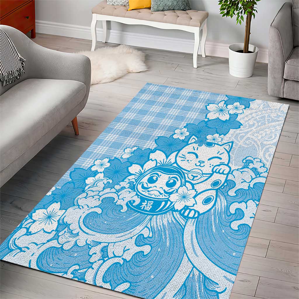 Blue Palaka Hawaiian And Japanese Area Rug Maneki Neko And Sakura Bloom DT05 - Polynesian Pride