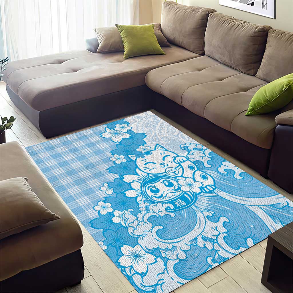 Blue Palaka Hawaiian And Japanese Area Rug Maneki Neko And Sakura Bloom DT05 - Polynesian Pride