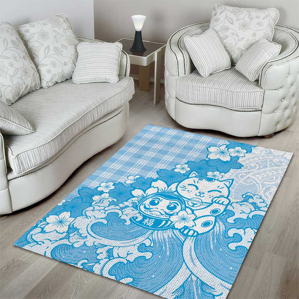 Blue Palaka Hawaiian And Japanese Area Rug Maneki Neko And Sakura Bloom DT05 - Polynesian Pride