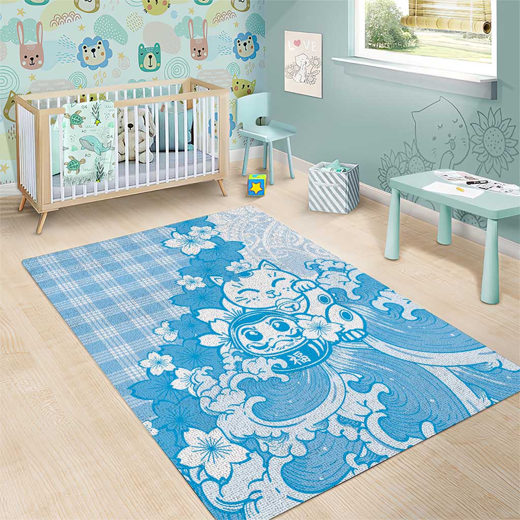 Blue Palaka Hawaiian And Japanese Area Rug Maneki Neko And Sakura Bloom DT05 - Polynesian Pride
