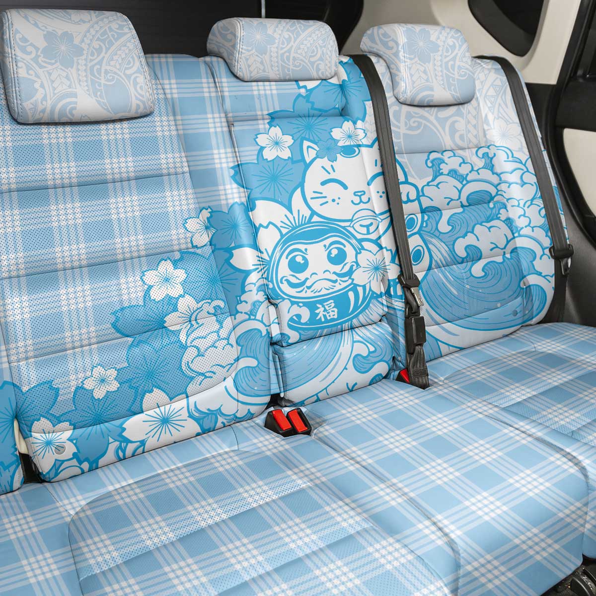 Blue Palaka Hawaiian And Japanese Back Car Seat Cover Maneki Neko And Sakura Bloom DT05 - Polynesian Pride