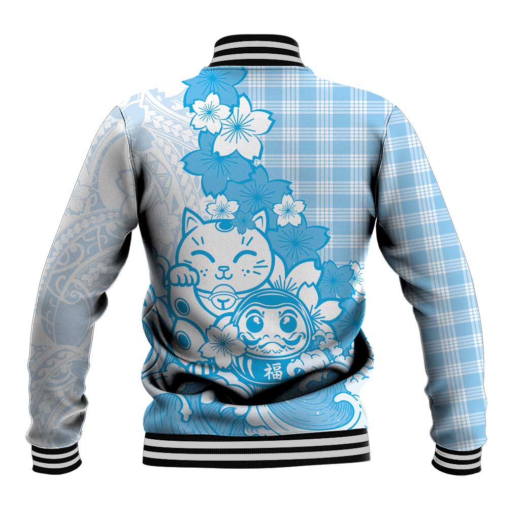 Blue Palaka Hawaiian And Japanese Baseball Jacket Maneki Neko And Sakura Bloom DT05 - Polynesian Pride