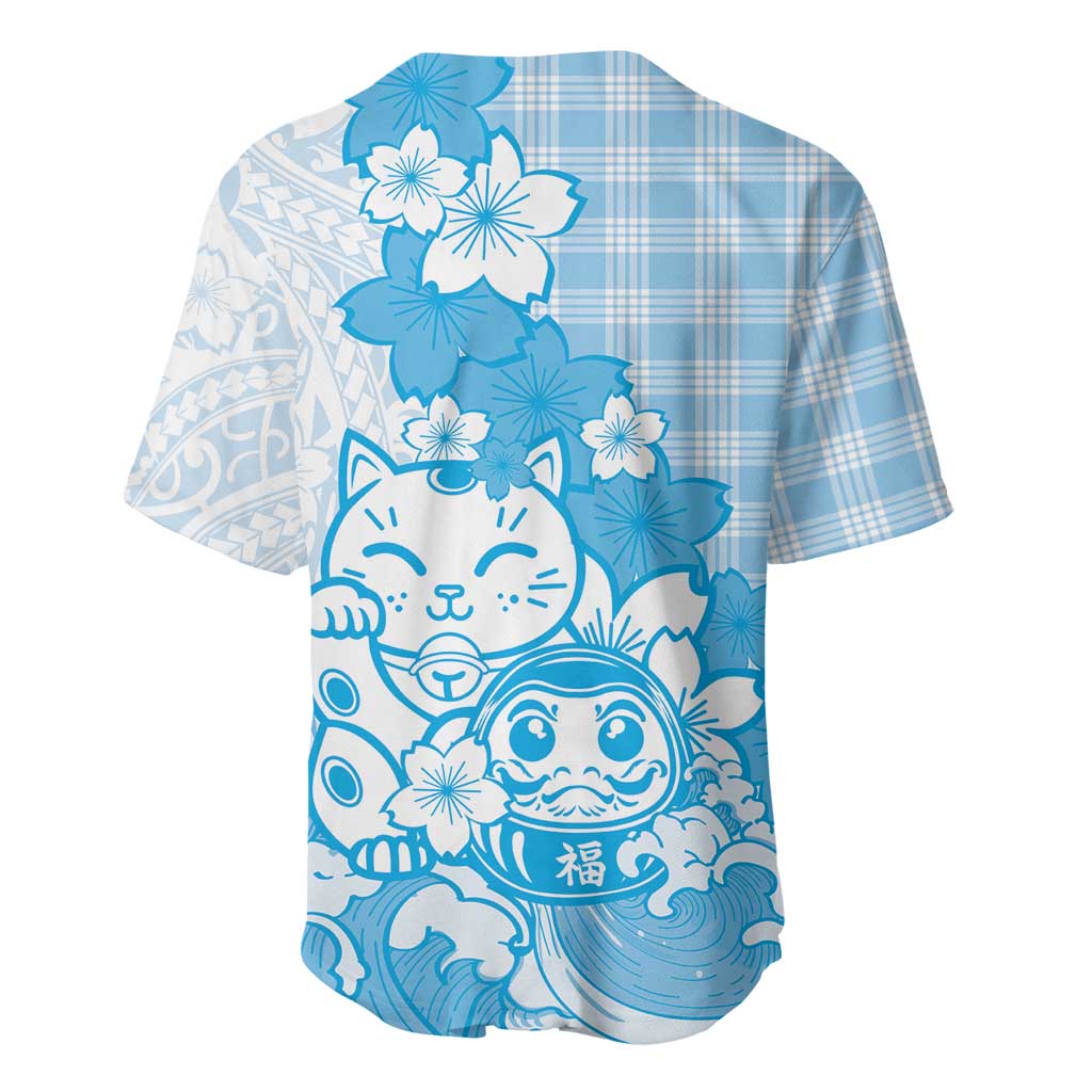Blue Palaka Hawaiian And Japanese Baseball Jersey Maneki Neko And Sakura Bloom DT05 - Polynesian Pride