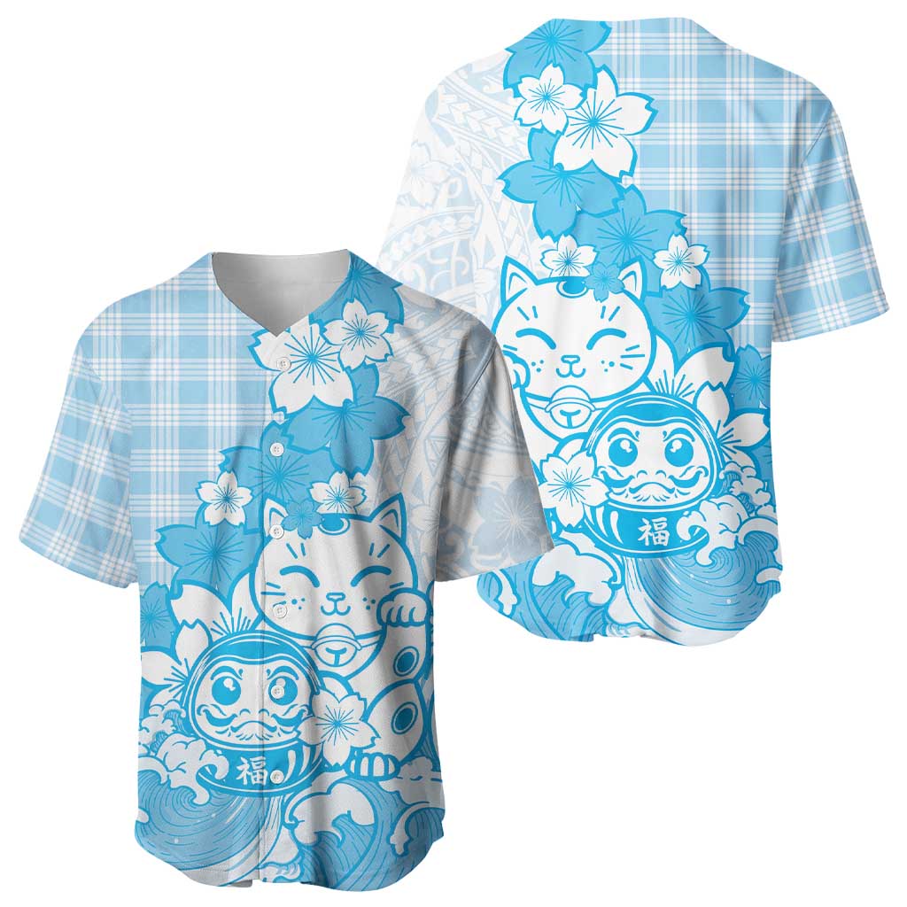 Blue Palaka Hawaiian And Japanese Baseball Jersey Maneki Neko And Sakura Bloom DT05 - Polynesian Pride