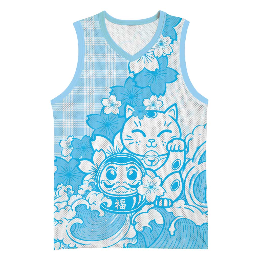 Blue Palaka Hawaiian And Japanese Basketball Jersey Maneki Neko And Sakura Bloom DT05 Unisex Blue - Polynesian Pride