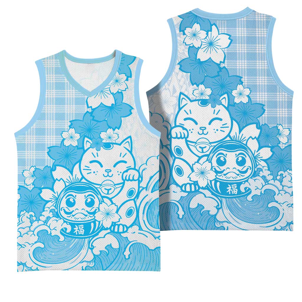 Blue Palaka Hawaiian And Japanese Basketball Jersey Maneki Neko And Sakura Bloom DT05 - Polynesian Pride