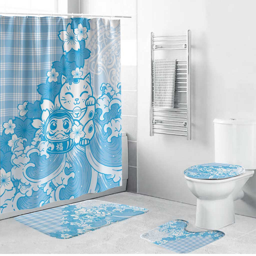 Blue Palaka Hawaiian And Japanese Bathroom Set Maneki Neko And Sakura Bloom DT05 Bathroom Set (4 pcs) Blue - Polynesian Pride