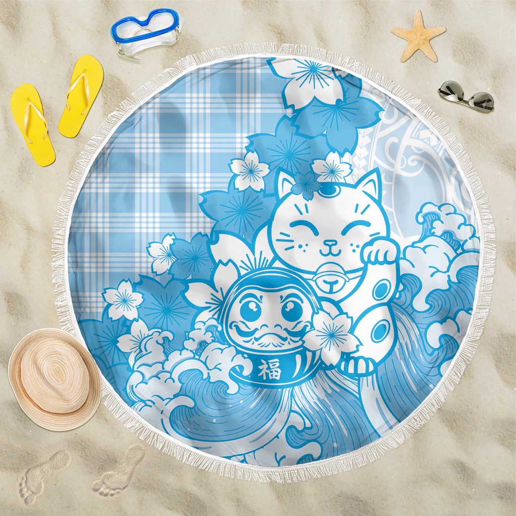 Blue Palaka Hawaiian And Japanese Beach Blanket Maneki Neko And Sakura Bloom DT05 One Size 150cm Blue - Polynesian Pride
