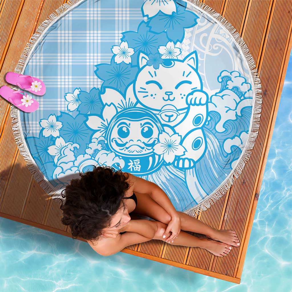 Blue Palaka Hawaiian And Japanese Beach Blanket Maneki Neko And Sakura Bloom DT05 - Polynesian Pride