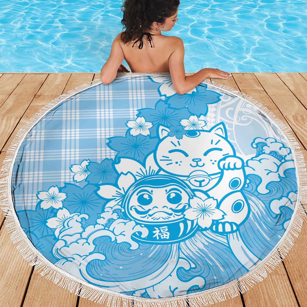 Blue Palaka Hawaiian And Japanese Beach Blanket Maneki Neko And Sakura Bloom DT05 - Polynesian Pride