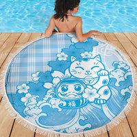 Blue Palaka Hawaiian And Japanese Beach Blanket Maneki Neko And Sakura Bloom DT05 - Polynesian Pride