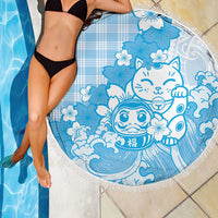 Blue Palaka Hawaiian And Japanese Beach Blanket Maneki Neko And Sakura Bloom DT05 - Polynesian Pride