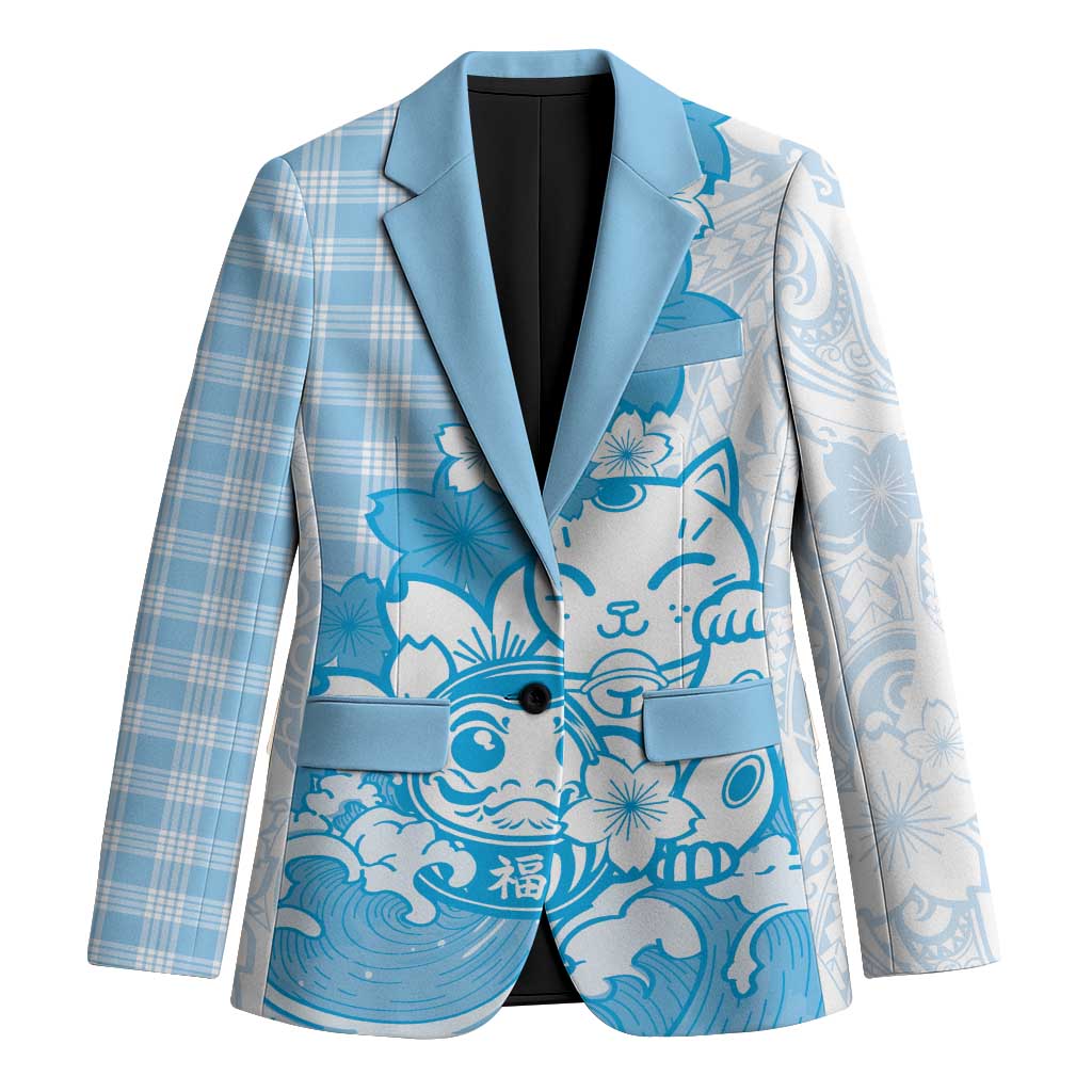 Blue Palaka Hawaiian And Japanese Blazer Maneki Neko And Sakura Bloom DT05 Unisex Blue - Polynesian Pride