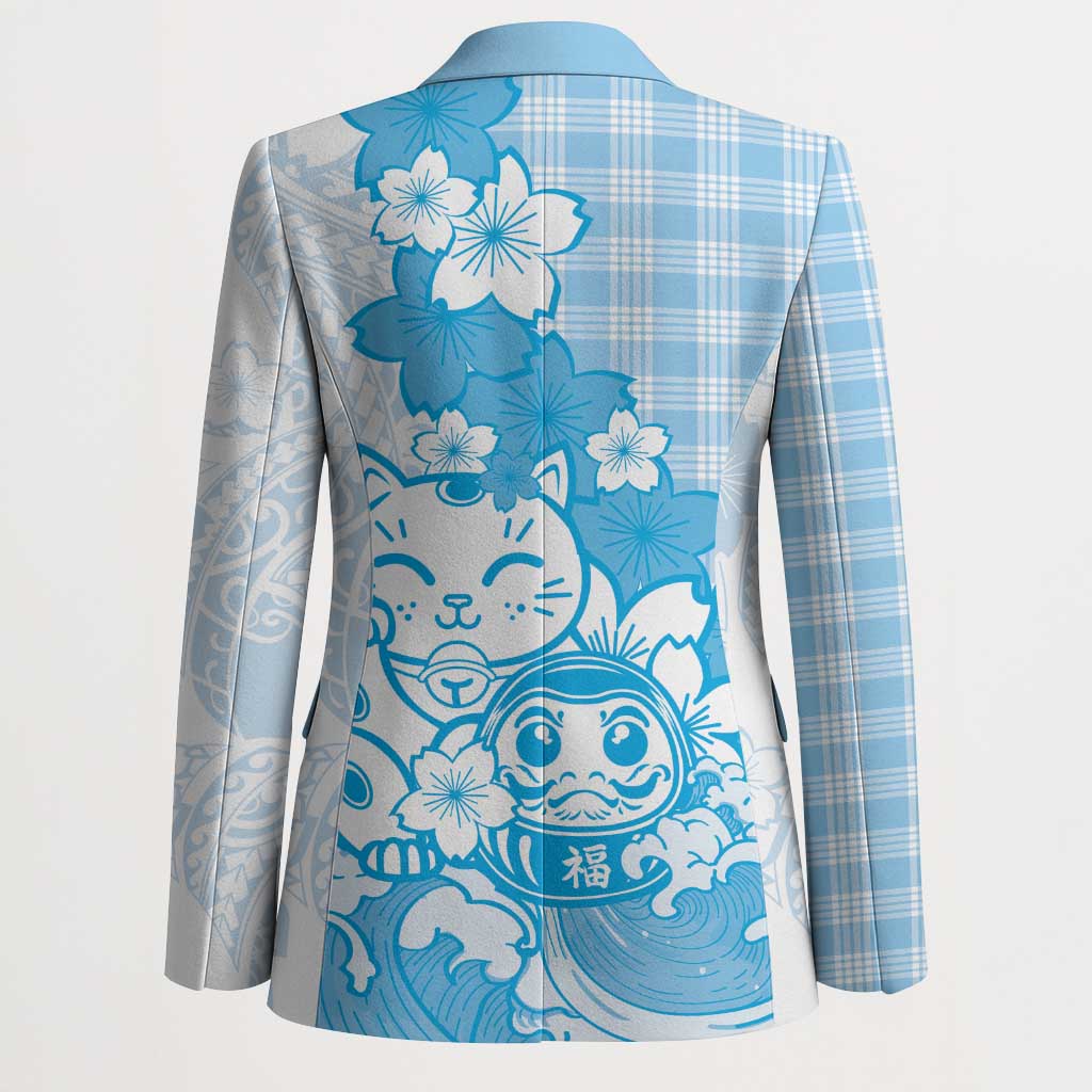Blue Palaka Hawaiian And Japanese Blazer Maneki Neko And Sakura Bloom DT05 - Polynesian Pride
