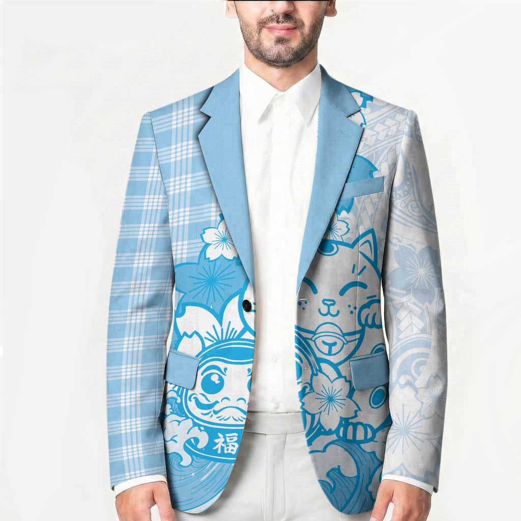Blue Palaka Hawaiian And Japanese Blazer Maneki Neko And Sakura Bloom DT05 - Polynesian Pride