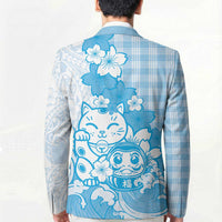 Blue Palaka Hawaiian And Japanese Blazer Maneki Neko And Sakura Bloom DT05 - Polynesian Pride