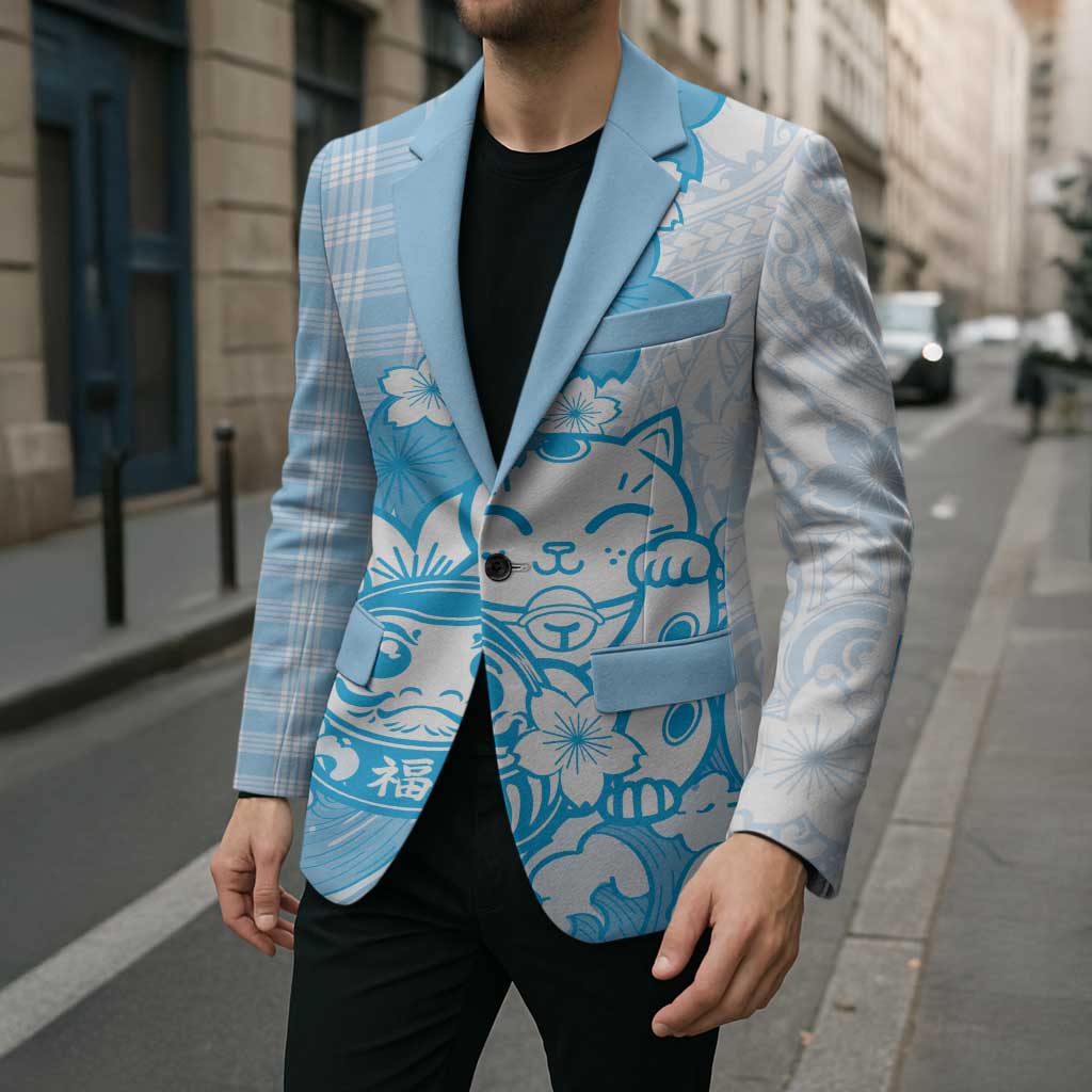 Blue Palaka Hawaiian And Japanese Blazer Maneki Neko And Sakura Bloom DT05 - Polynesian Pride