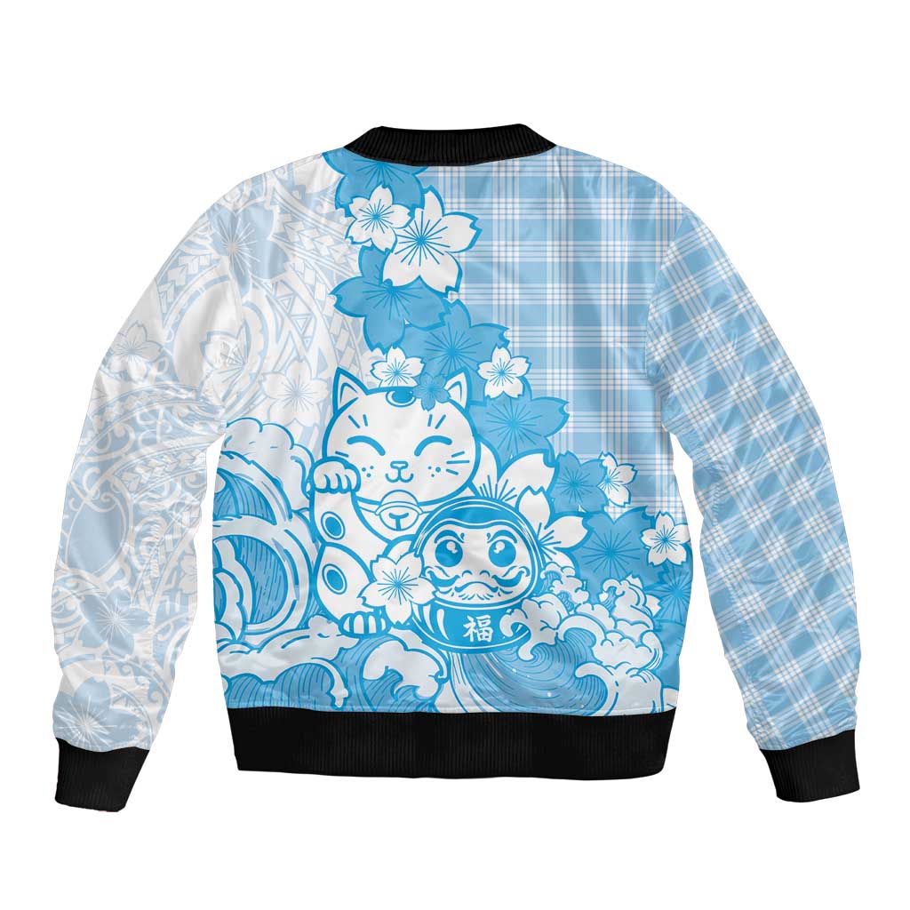 Blue Palaka Hawaiian And Japanese Bomber Jacket Maneki Neko And Sakura Bloom DT05 - Polynesian Pride
