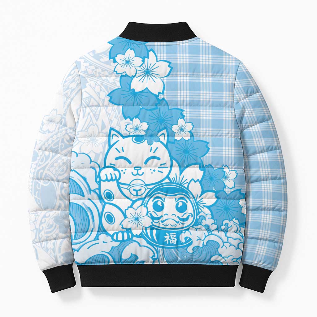 Blue Palaka Hawaiian And Japanese Bomber Puffer Jacket Maneki Neko And Sakura Bloom DT05 - Polynesian Pride
