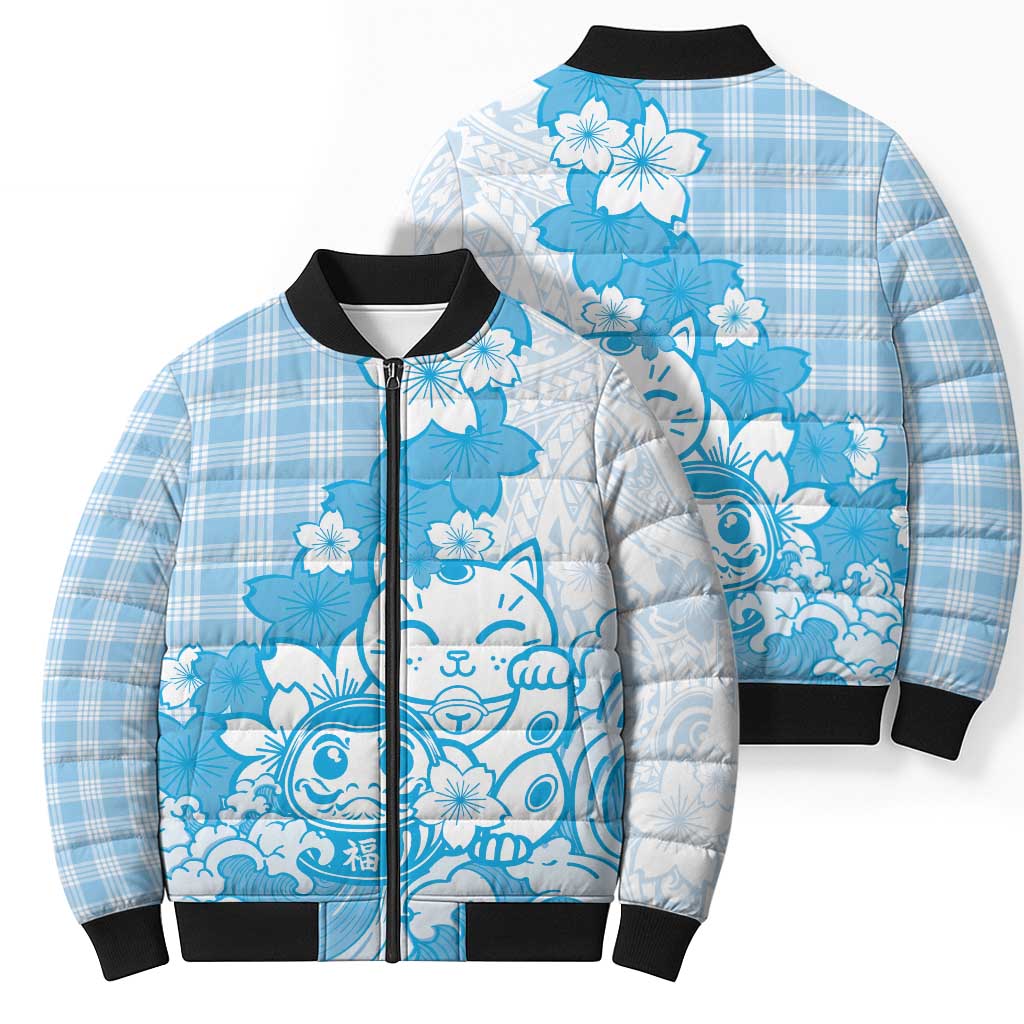 Blue Palaka Hawaiian And Japanese Bomber Puffer Jacket Maneki Neko And Sakura Bloom DT05 - Polynesian Pride