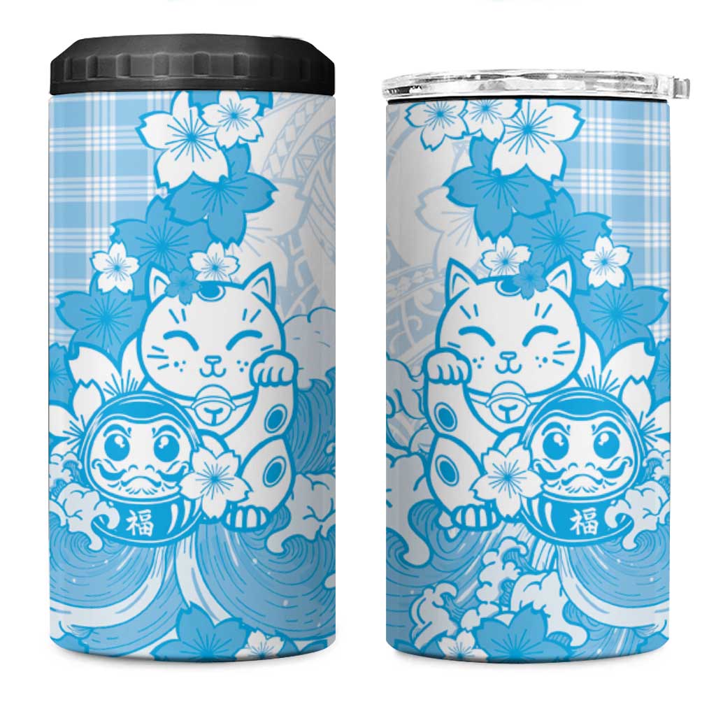 Blue Palaka Hawaiian And Japanese 4 in 1 Can Cooler Tumbler Maneki Neko And Sakura Bloom