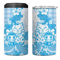 Blue Palaka Hawaiian And Japanese 4 in 1 Can Cooler Tumbler Maneki Neko And Sakura Bloom