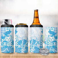 Blue Palaka Hawaiian And Japanese 4 in 1 Can Cooler Tumbler Maneki Neko And Sakura Bloom