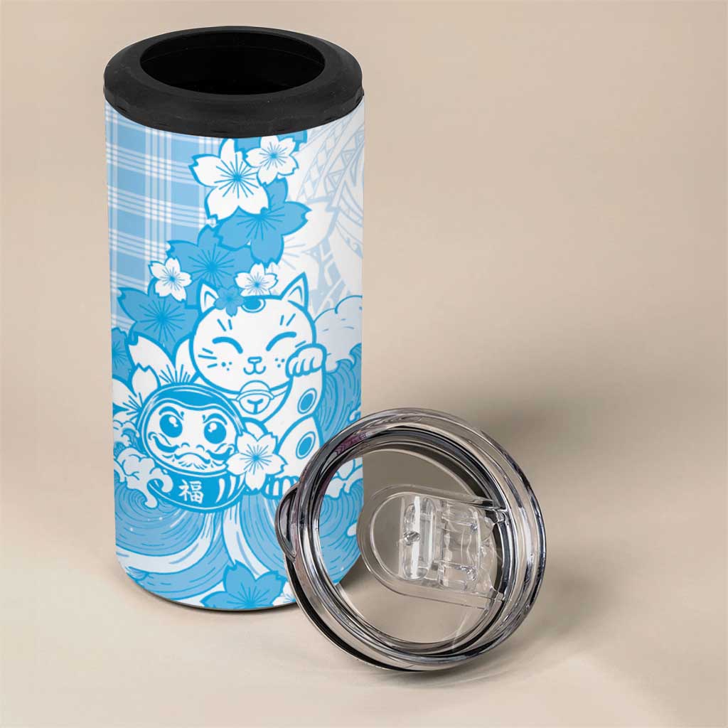 Blue Palaka Hawaiian And Japanese 4 in 1 Can Cooler Tumbler Maneki Neko And Sakura Bloom
