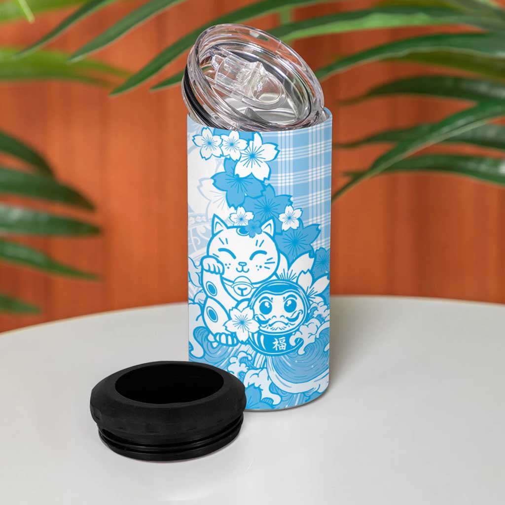 Blue Palaka Hawaiian And Japanese 4 in 1 Can Cooler Tumbler Maneki Neko And Sakura Bloom