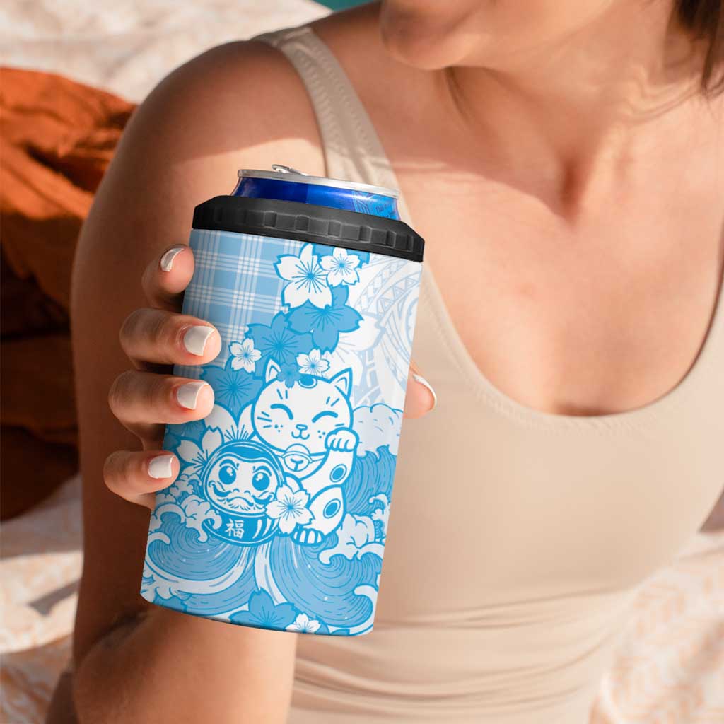 Blue Palaka Hawaiian And Japanese 4 in 1 Can Cooler Tumbler Maneki Neko And Sakura Bloom