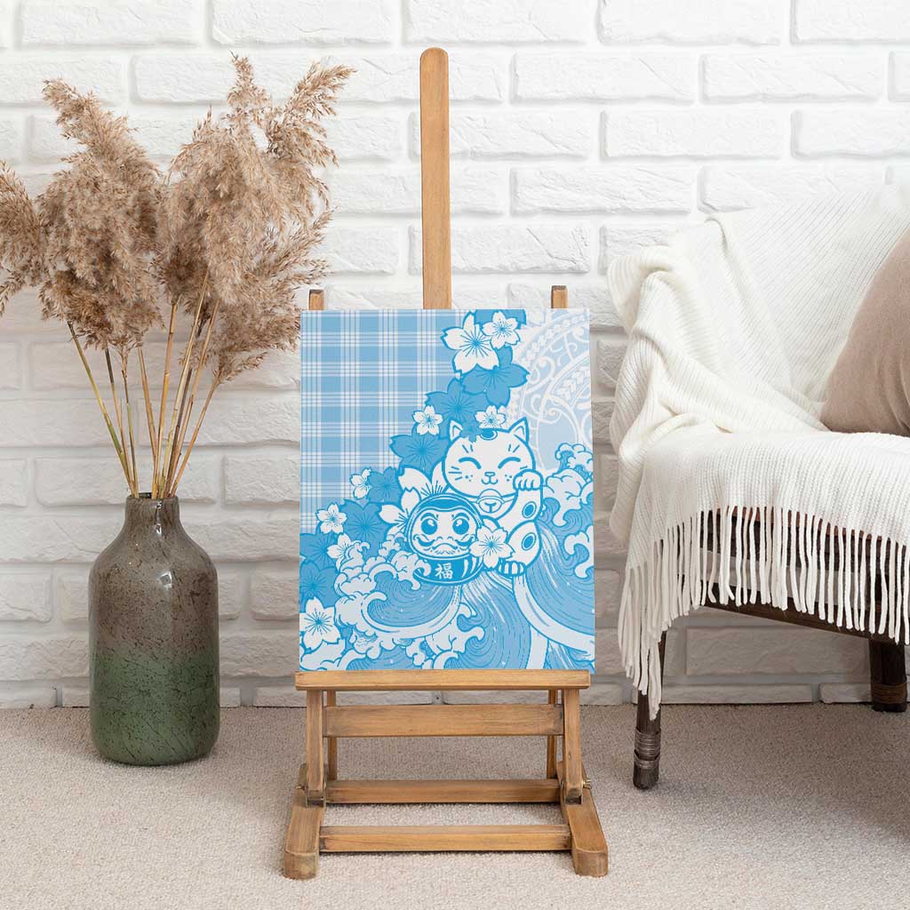 Blue Palaka Hawaiian And Japanese Canvas Wall Art Maneki Neko And Sakura Bloom DT05 - Polynesian Pride