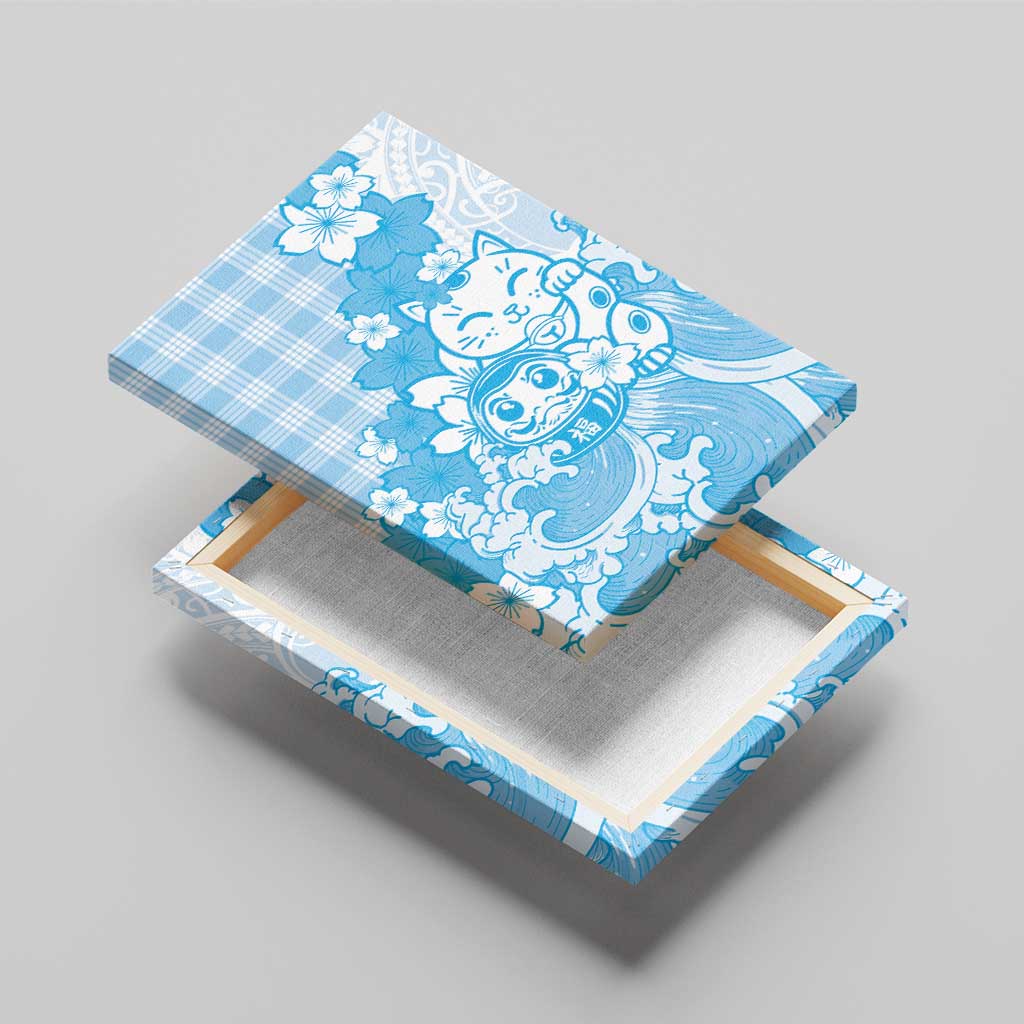 Blue Palaka Hawaiian And Japanese Canvas Wall Art Maneki Neko And Sakura Bloom DT05 - Polynesian Pride