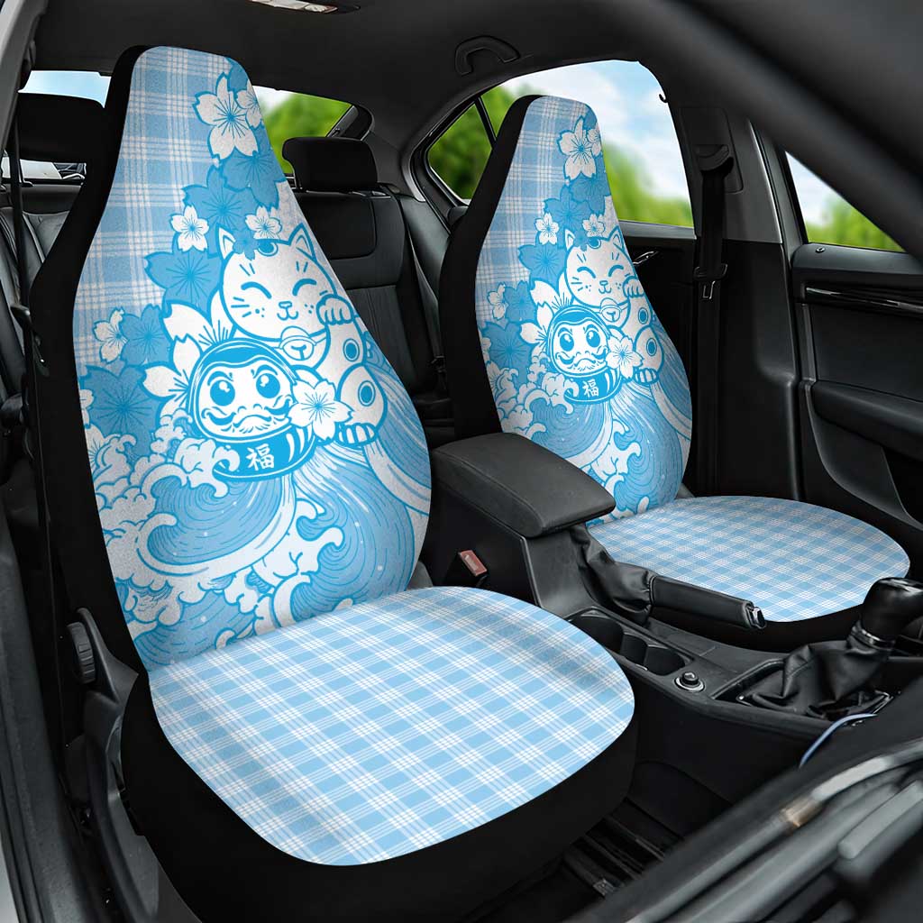 Blue Palaka Hawaiian And Japanese Car Seat Cover Maneki Neko And Sakura Bloom DT05 One Size Blue - Polynesian Pride
