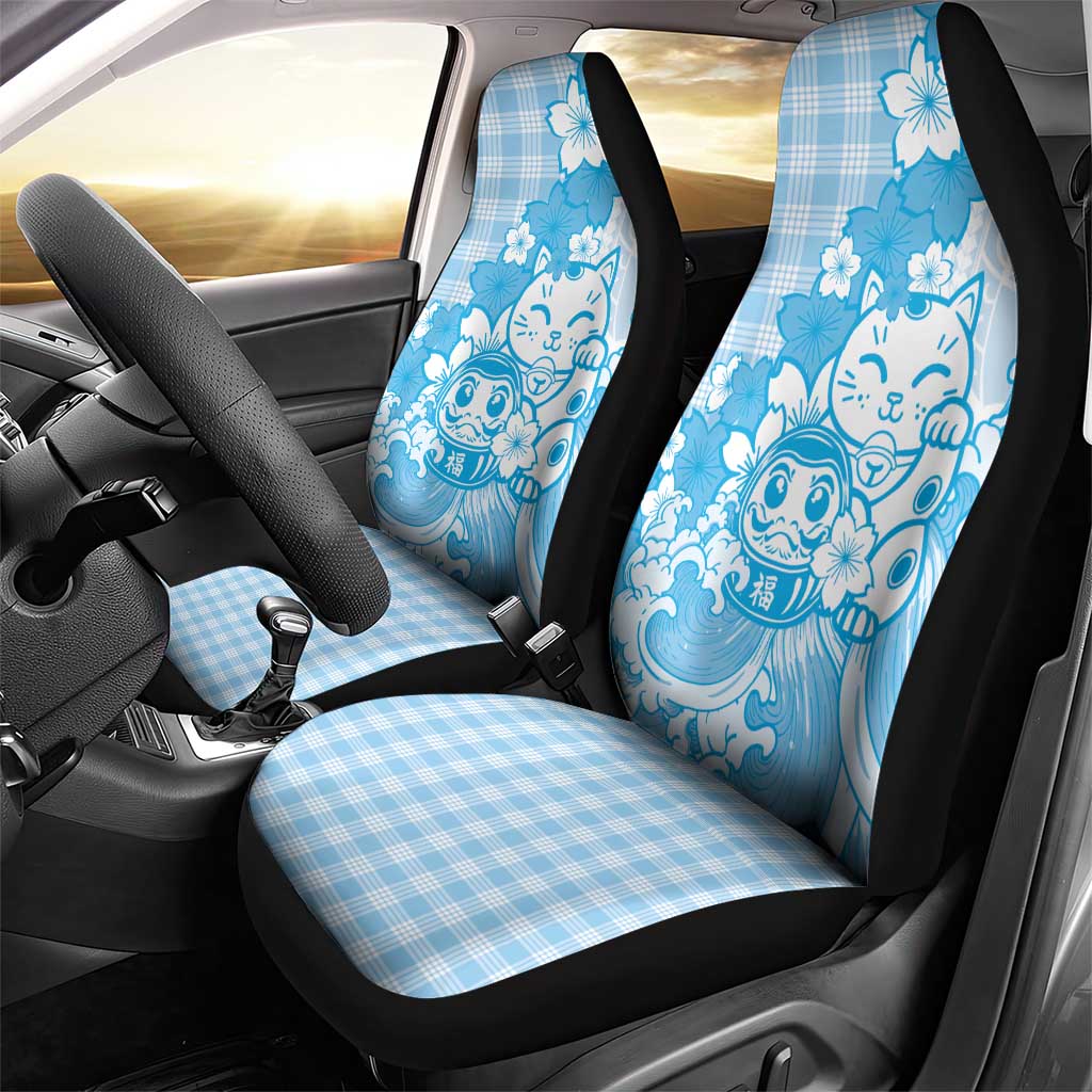 Blue Palaka Hawaiian And Japanese Car Seat Cover Maneki Neko And Sakura Bloom DT05 - Polynesian Pride