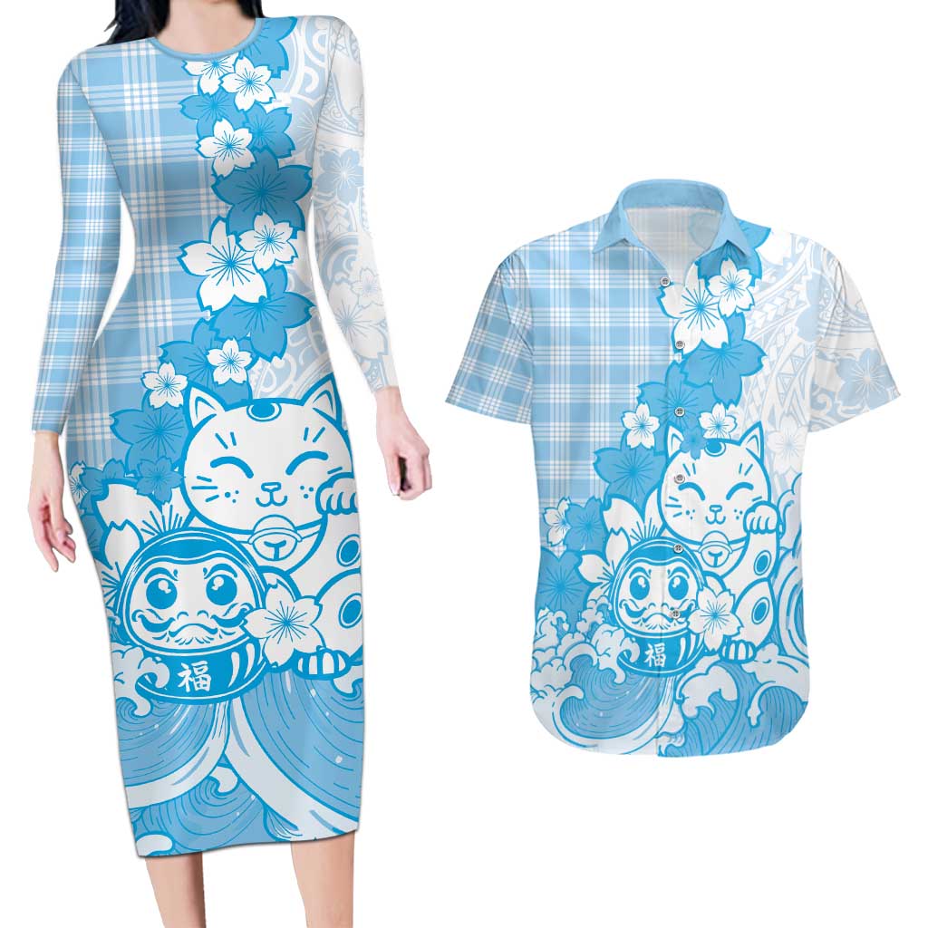 Blue Palaka Hawaiian And Japanese Couples Matching Long Sleeve Bodycon Dress and Hawaiian Shirt Maneki Neko And Sakura Bloom DT05 Blue - Polynesian Pride