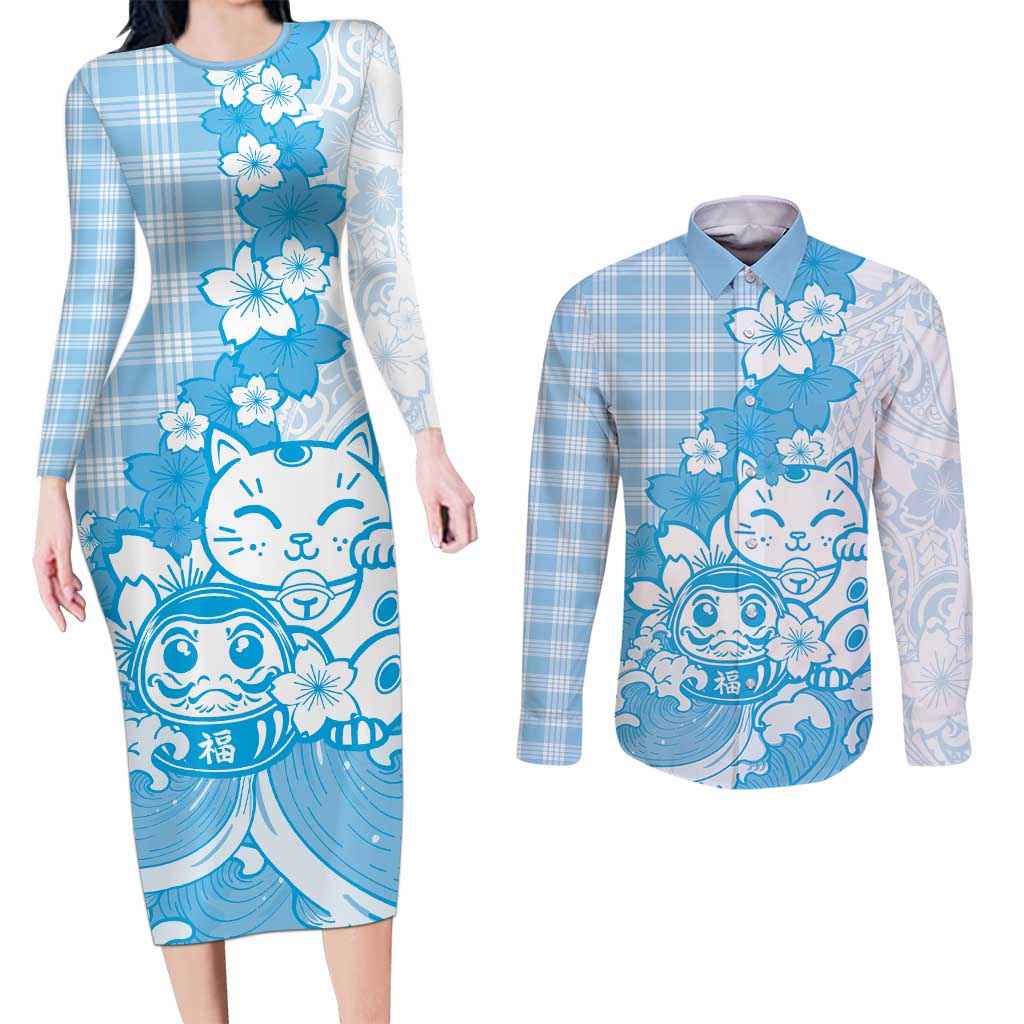Blue Palaka Hawaiian And Japanese Couples Matching Long Sleeve Bodycon Dress and Long Sleeve Button Shirt Maneki Neko And Sakura Bloom
