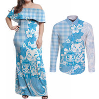 Blue Palaka Hawaiian And Japanese Couples Matching Off Shoulder Maxi Dress and Long Sleeve Button Shirt Maneki Neko And Sakura Bloom