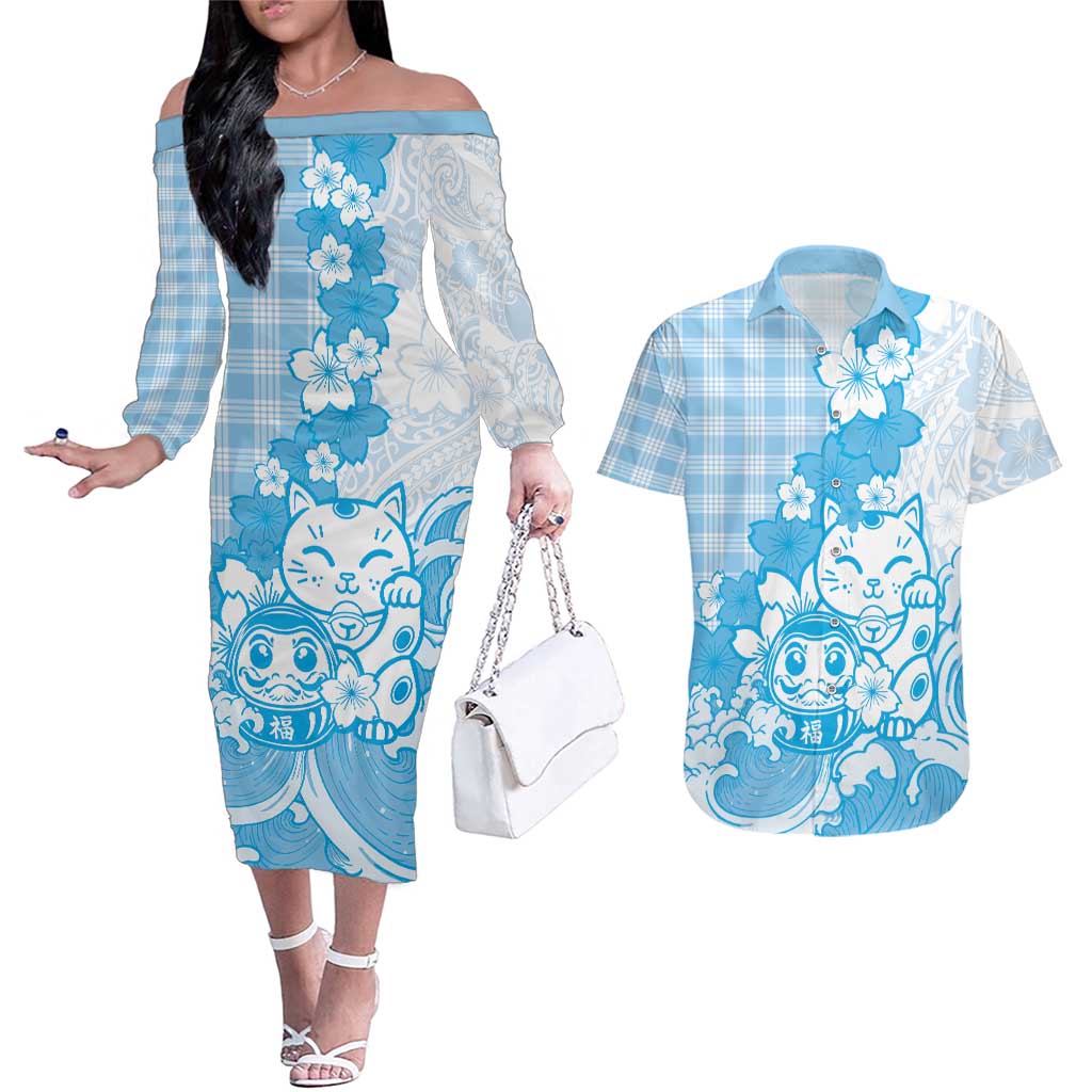 Blue Palaka Hawaiian And Japanese Couples Matching Off The Shoulder Long Sleeve Dress and Hawaiian Shirt Maneki Neko And Sakura Bloom