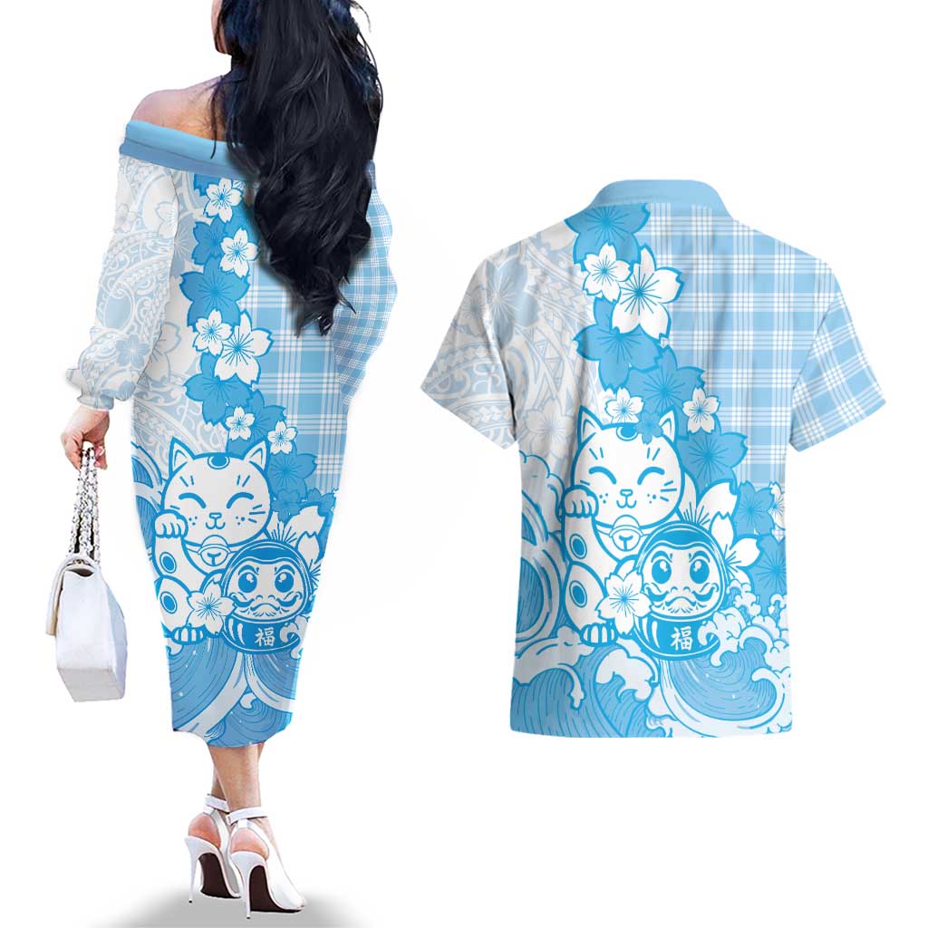 Blue Palaka Hawaiian And Japanese Couples Matching Off The Shoulder Long Sleeve Dress and Hawaiian Shirt Maneki Neko And Sakura Bloom