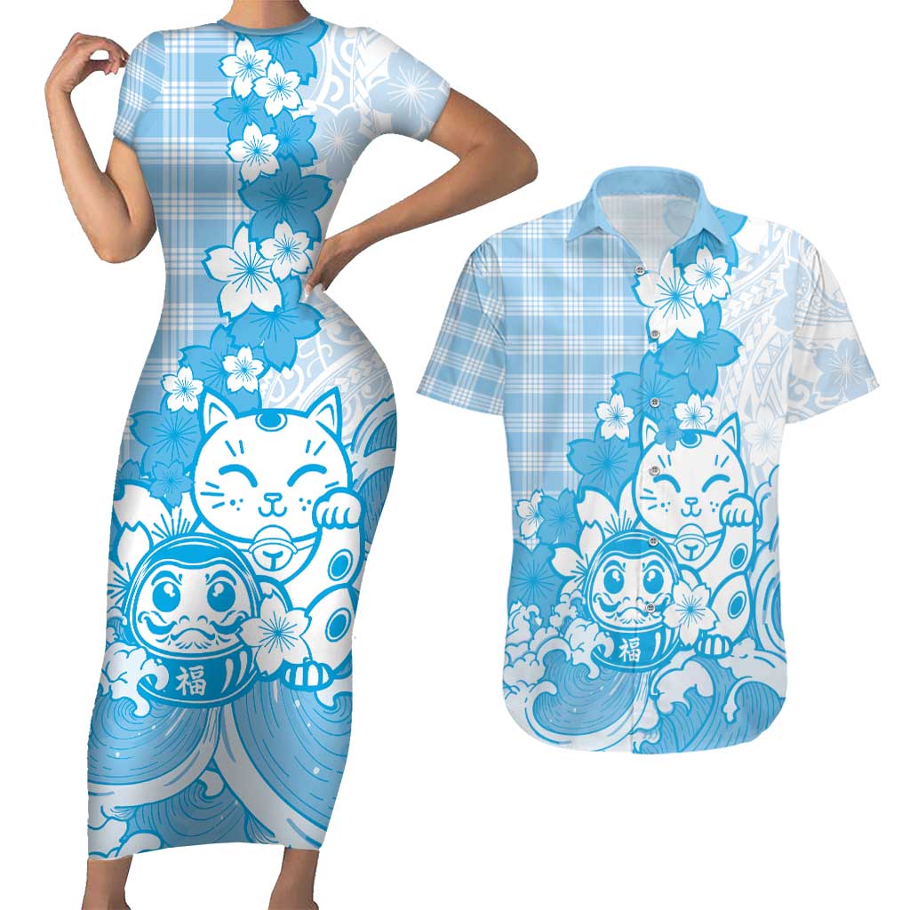 Blue Palaka Hawaiian And Japanese Couples Matching Short Sleeve Bodycon Dress and Hawaiian Shirt Maneki Neko And Sakura Bloom