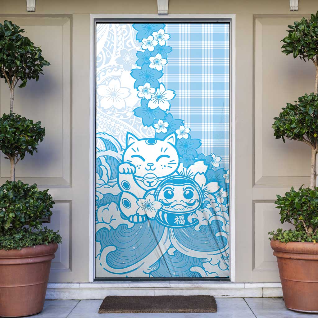 Blue Palaka Hawaiian And Japanese Door Cover Maneki Neko And Sakura Bloom DT05 Blue - Polynesian Pride