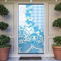 Blue Palaka Hawaiian And Japanese Door Cover Maneki Neko And Sakura Bloom DT05 Blue - Polynesian Pride