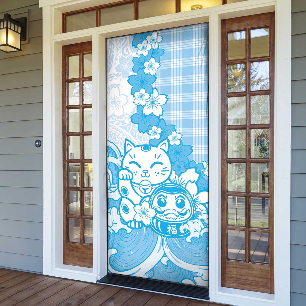 Blue Palaka Hawaiian And Japanese Door Cover Maneki Neko And Sakura Bloom DT05 - Polynesian Pride