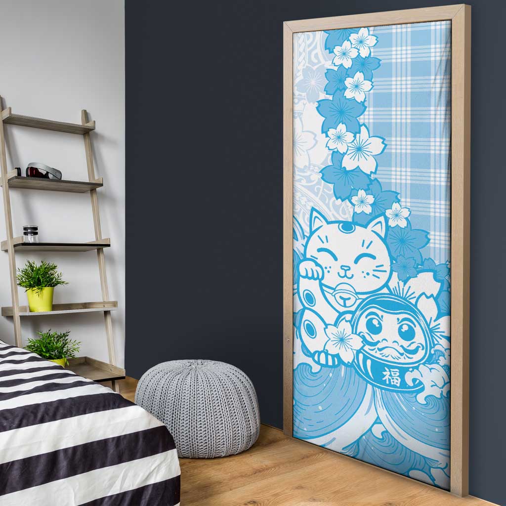 Blue Palaka Hawaiian And Japanese Door Cover Maneki Neko And Sakura Bloom DT05 - Polynesian Pride
