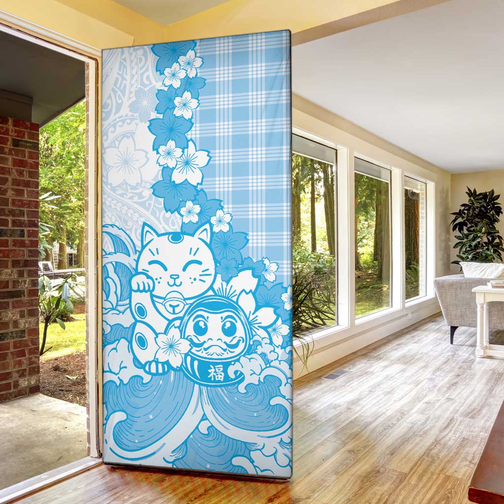 Blue Palaka Hawaiian And Japanese Door Cover Maneki Neko And Sakura Bloom DT05 - Polynesian Pride