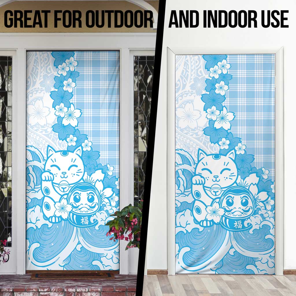 Blue Palaka Hawaiian And Japanese Door Cover Maneki Neko And Sakura Bloom DT05 - Polynesian Pride