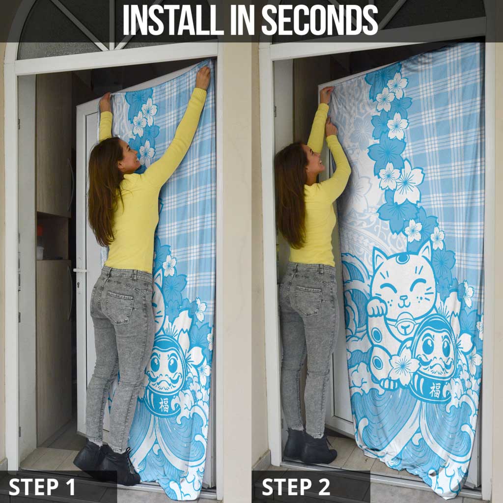 Blue Palaka Hawaiian And Japanese Door Cover Maneki Neko And Sakura Bloom DT05 - Polynesian Pride
