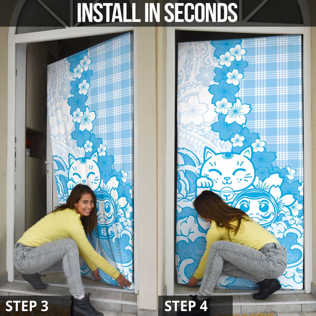 Blue Palaka Hawaiian And Japanese Door Cover Maneki Neko And Sakura Bloom DT05 - Polynesian Pride