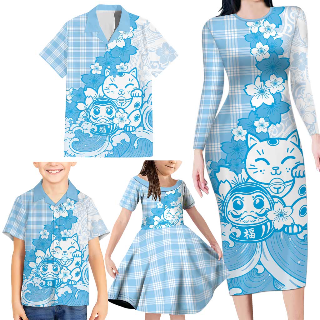 Blue Palaka Hawaiian And Japanese Family Matching Long Sleeve Bodycon Dress and Hawaiian Shirt Maneki Neko And Sakura Bloom