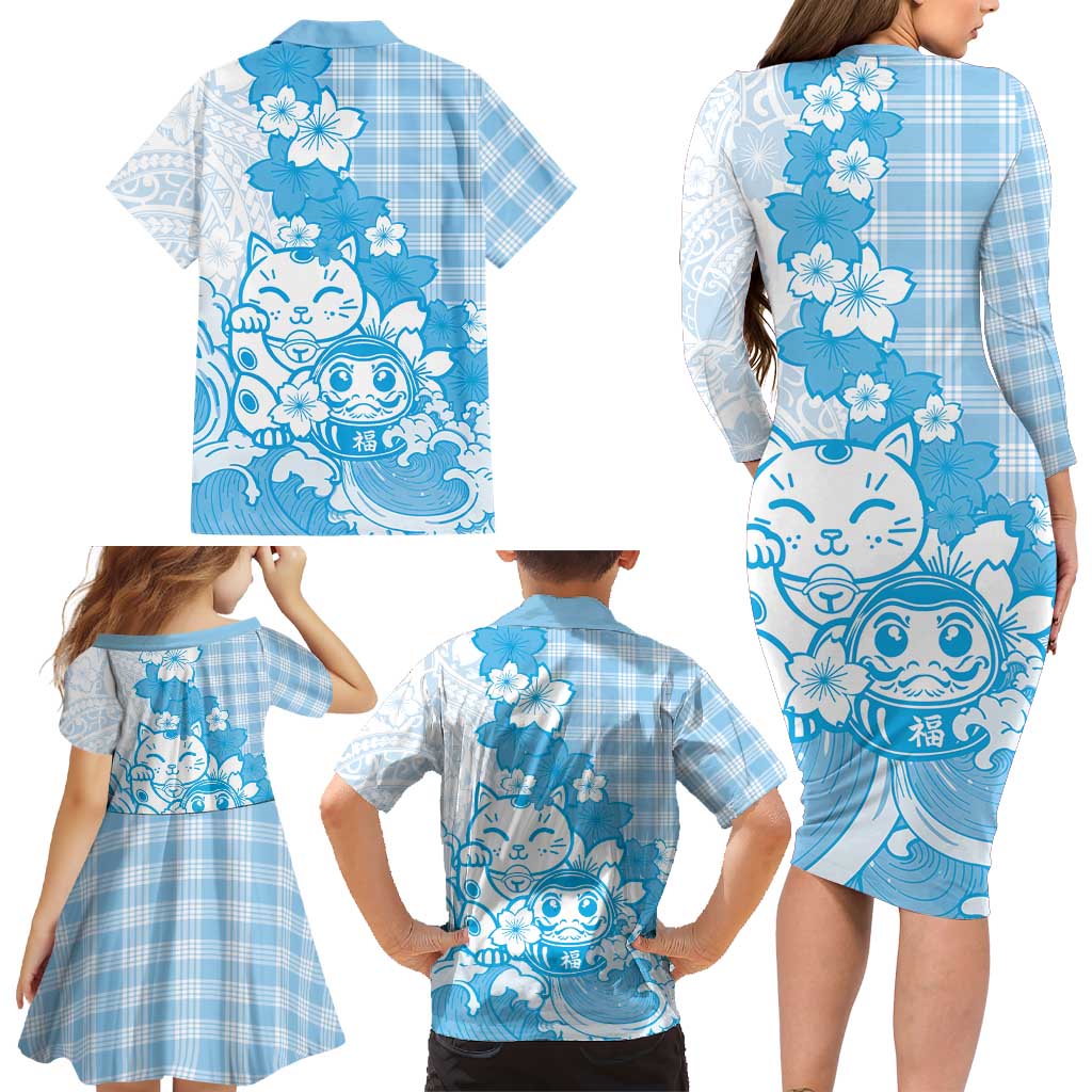 Blue Palaka Hawaiian And Japanese Family Matching Long Sleeve Bodycon Dress and Hawaiian Shirt Maneki Neko And Sakura Bloom